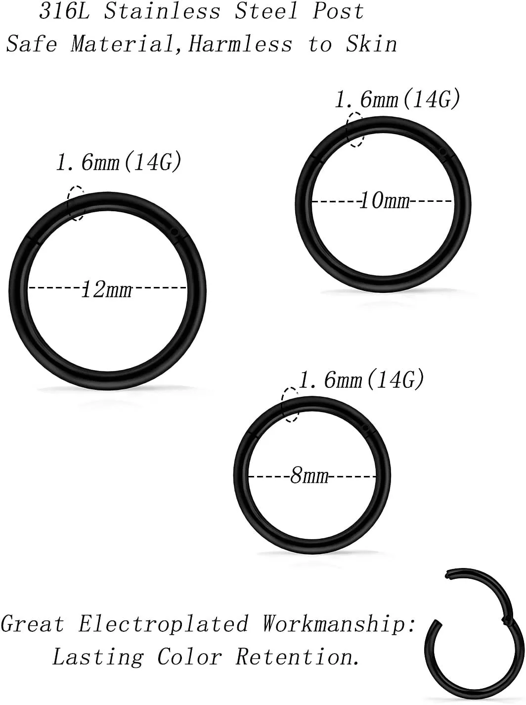 3 Pairs 18G 16G 14G Nose Rings Hoops 316l Surgical Steel Septum Jewelry Hinged Segment Clicker Ring Lip Ring Cartilage Tragus Rook Earrings Hoop 6mm 8mm 10mm 12mm Silver Black for Women Men