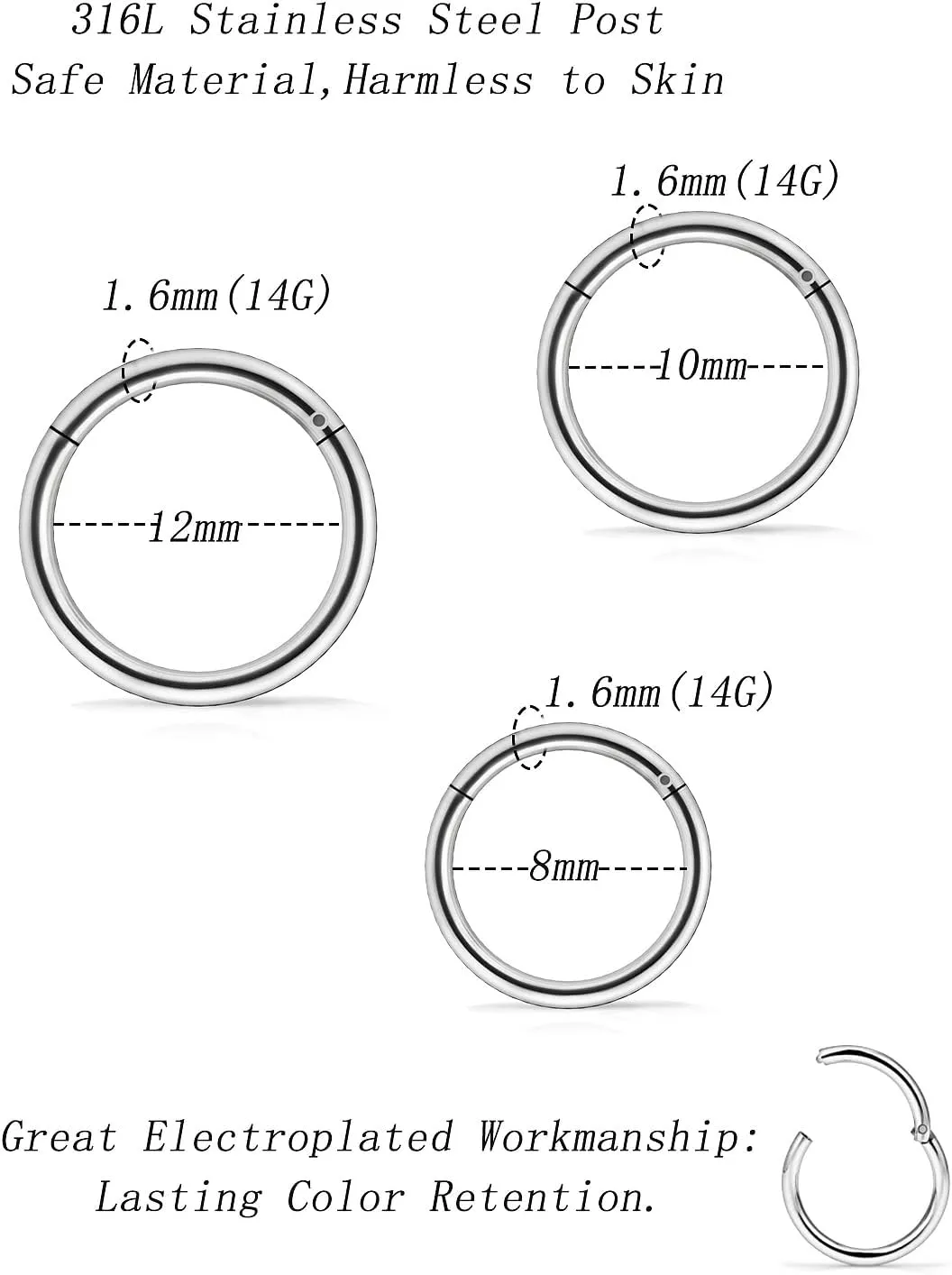 3 Pairs 18G 16G 14G Nose Rings Hoops 316l Surgical Steel Septum Jewelry Hinged Segment Clicker Ring Lip Ring Cartilage Tragus Rook Earrings Hoop 6mm 8mm 10mm 12mm Silver Black for Women Men