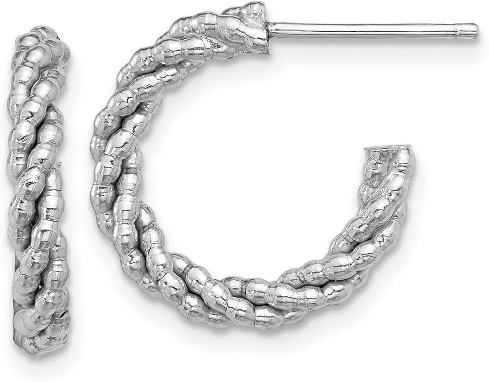 3.15mm 925 Sterling Silver Rhodium Plated Beaded and Twisted Small Post Hoop Earrings 17.5x17.5mm Wide 3mm Thick-Hoop Earring for Women