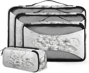 3d Floral 4 Piece Packing Travel Organizer Cubes Set Mesh Fabric Ventilate Design Lightweight Travel Accessories 4 Sizes (Extra Large, Large, Medium, Small)