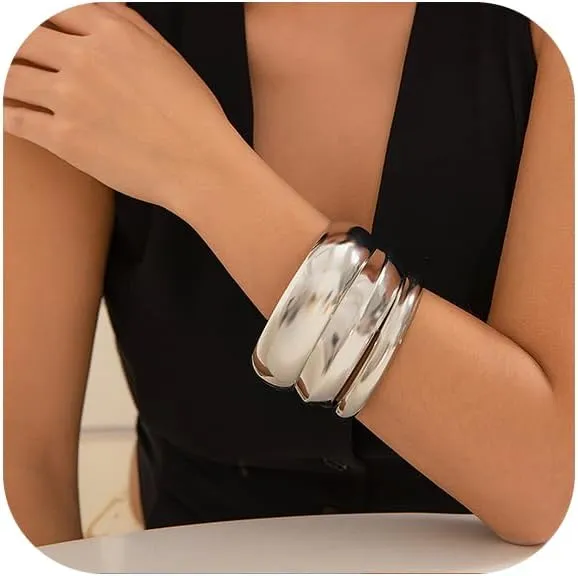 3PCS Chunky Gold Bangle Bracelets Trendy Wide Chunky Cuff Bracelets Stack Wrist Cuff Wrap Bracelet for Women