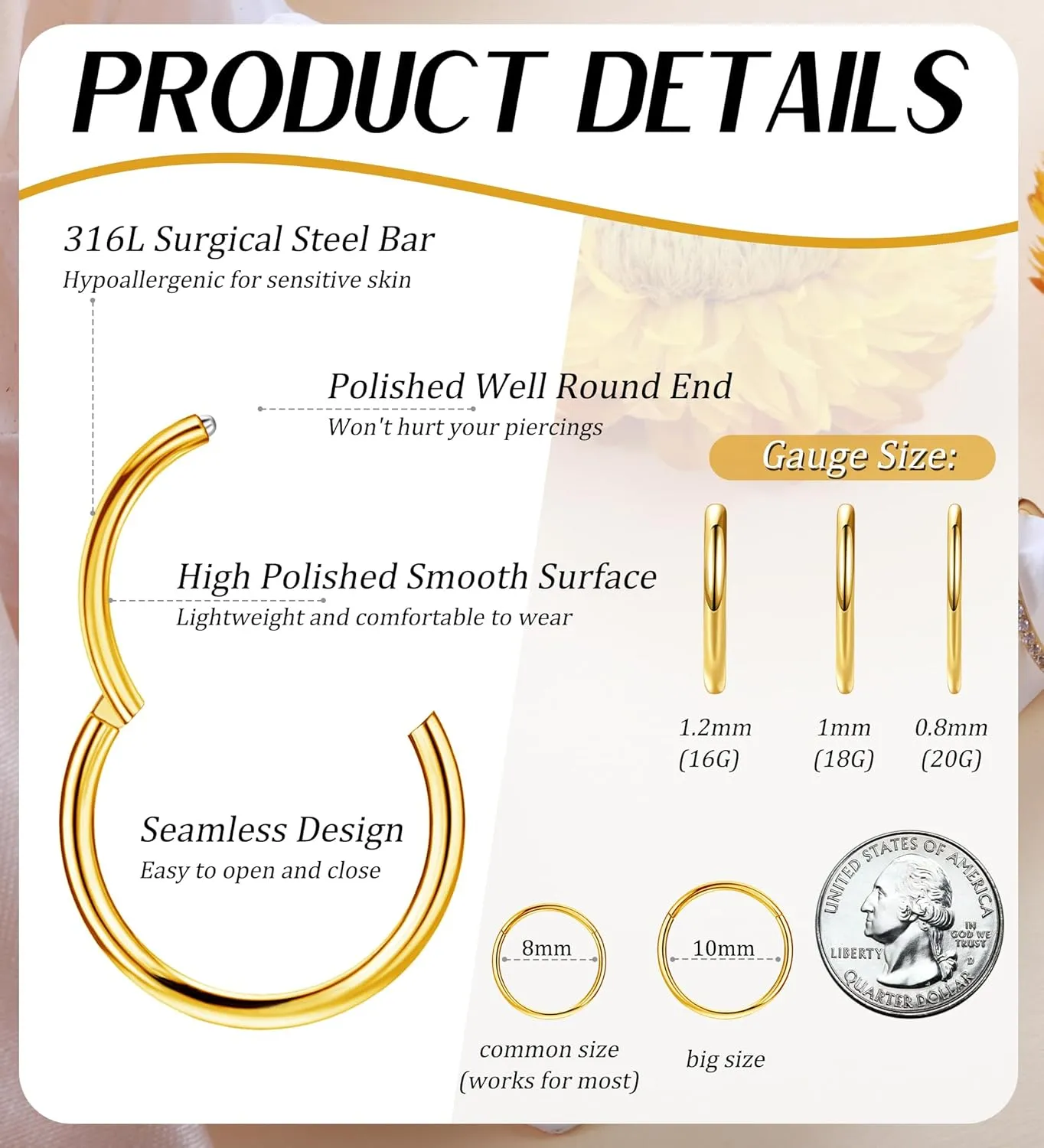 3pcs Nose Rings Hoops - 316L Surgical Steel Hinged Nose Hoops 16G/18G/20G CZ Clicker Septum Nose Ring Lip Helix Cartilage Hoop Earring Daith Rook Conch Body Piercing Jewelry for Women Men 8mm 10mm