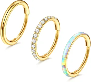 3pcs Nose Rings Hoops - 316L Surgical Steel Hinged Nose Hoops 16G/18G/20G CZ Clicker Septum Nose Ring Lip Helix Cartilage Hoop Earring Daith Rook Conch Body Piercing Jewelry for Women Men 8mm 10mm