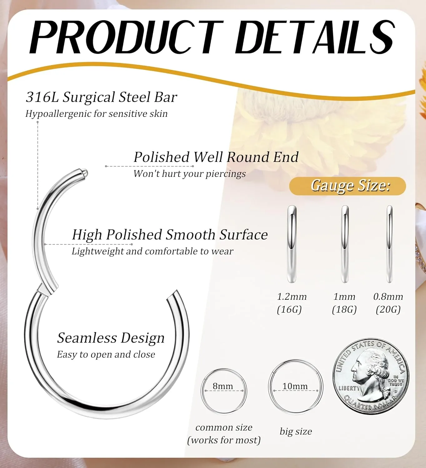 3pcs Nose Rings Hoops - 316L Surgical Steel Hinged Nose Hoops 16G/18G/20G CZ Clicker Septum Nose Ring Lip Helix Cartilage Hoop Earring Daith Rook Conch Body Piercing Jewelry for Women Men 8mm 10mm