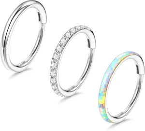3pcs Nose Rings Hoops - 316L Surgical Steel Hinged Nose Hoops 16G/18G/20G CZ Clicker Septum Nose Ring Lip Helix Cartilage Hoop Earring Daith Rook Conch Body Piercing Jewelry for Women Men 8mm 10mm