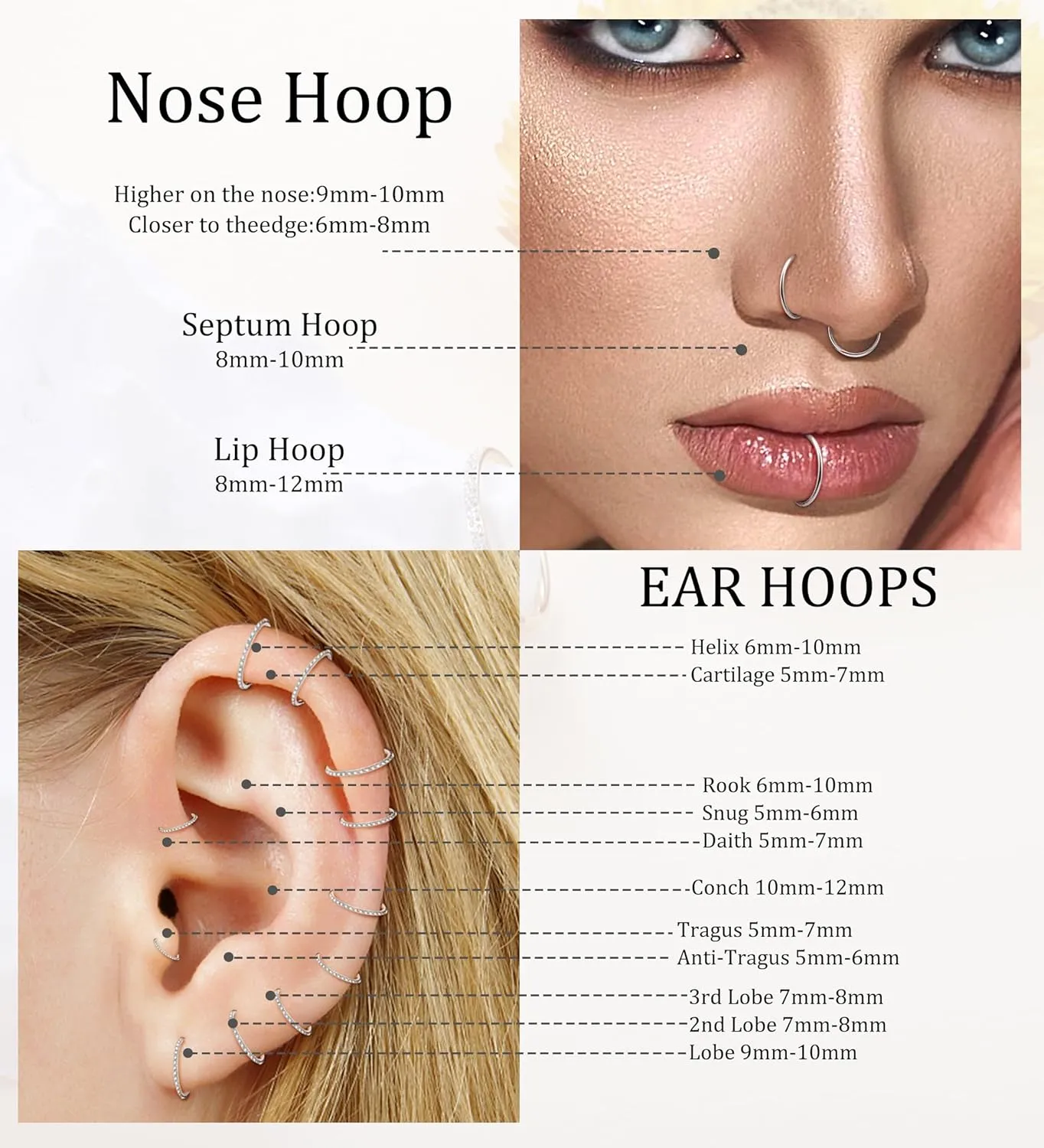 3pcs Nose Rings Hoops - 316L Surgical Steel Hinged Nose Hoops 16G/18G/20G CZ Clicker Septum Nose Ring Lip Helix Cartilage Hoop Earring Daith Rook Conch Body Piercing Jewelry for Women Men 8mm 10mm