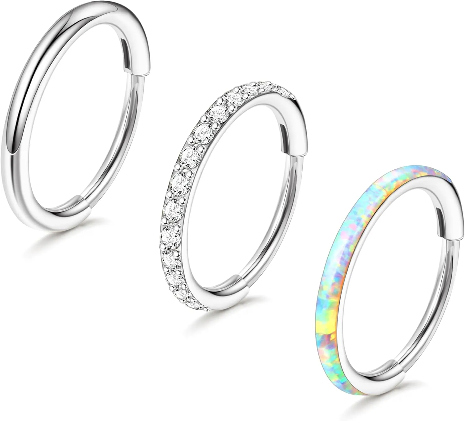 3pcs Nose Rings Hoops - 316L Surgical Steel Hinged Nose Hoops 16G/18G/20G CZ Clicker Septum Nose Ring Lip Helix Cartilage Hoop Earring Daith Rook Conch Body Piercing Jewelry for Women Men 8mm 10mm