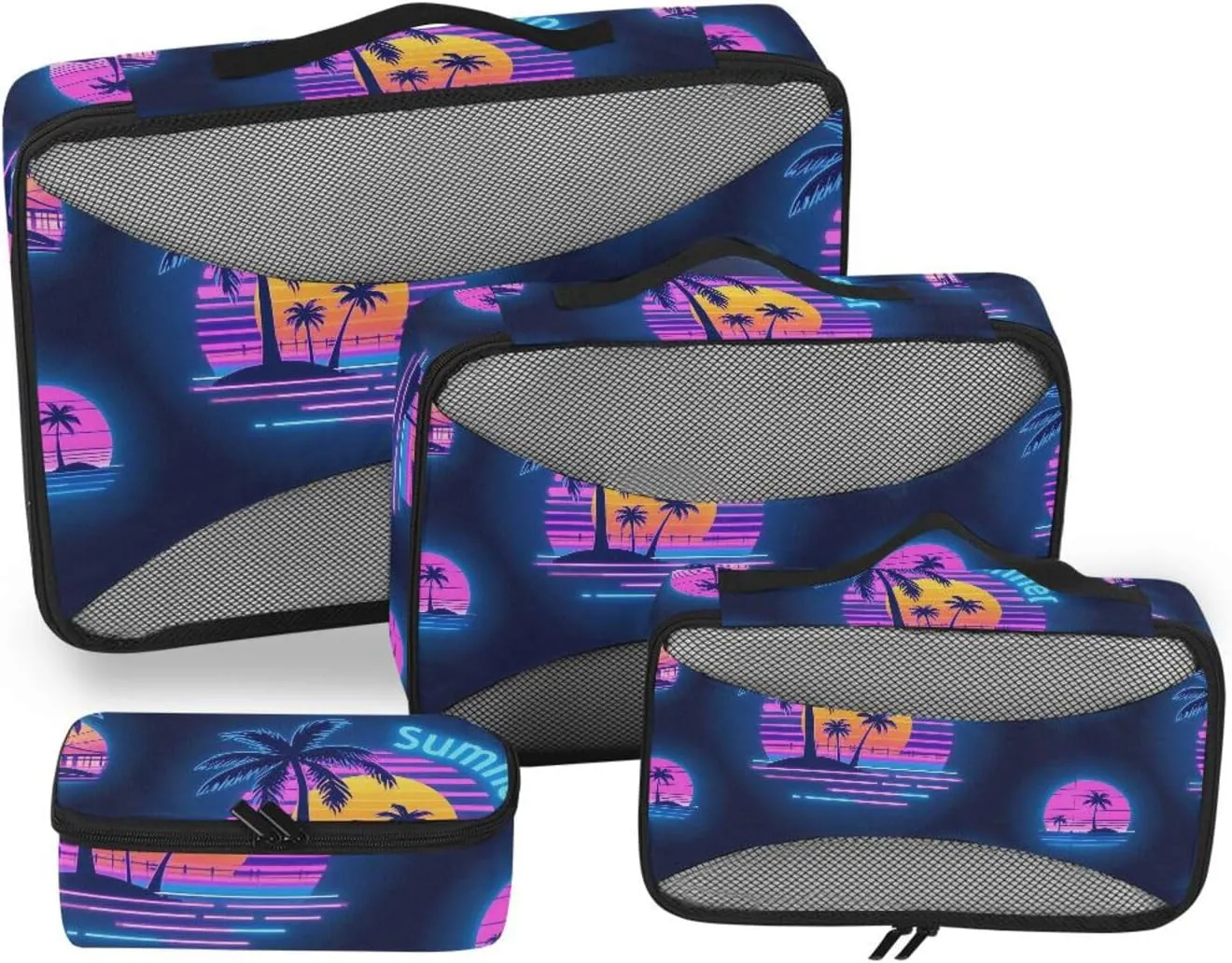 4 Pcs set organizer bags for Mesh Travel Essentials Summer Neon Coconut Tree Sunset portable cubes for diaper bag