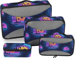 4 Pcs set organizer bags for Mesh Travel Essentials Summer Neon Coconut Tree Sunset portable cubes for diaper bag
