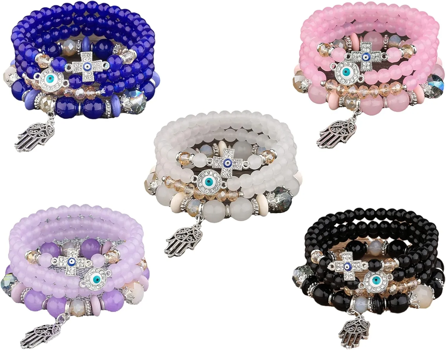 4 Sets Bohemian Stretch Beads Bracelets Multilayer Evil Eye Hamsa Hand Bracelet Boho Charms Stretch Stackable Bracelet Handmade Multicolor Crystal Beaded Lucky Protection Bangles Strand Bracelet Set