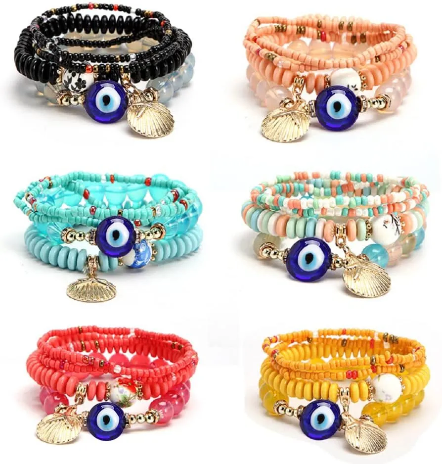 4 Sets Bohemian Stretch Beads Bracelets Multilayer Evil Eye Hamsa Hand Bracelet Boho Charms Stretch Stackable Bracelet Handmade Multicolor Crystal Beaded Lucky Protection Bangles Strand Bracelet Set