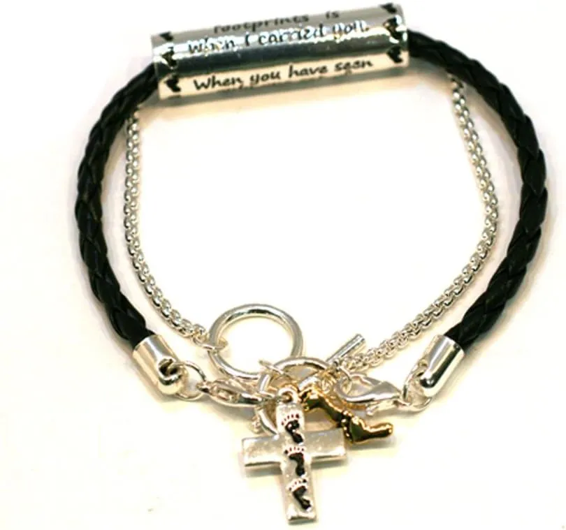 4031579 Footprints Bracelet Braided Leather and Chain Christian Poem