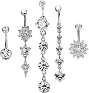 5Pcs Belly Button Rings for Women,14G Belly Button Piercing Ring with Surgical Steel Belly Button Rings Barbell Jewelry Rings Bulk Long Dangle Navel Ring CZ Body Piercing Jewelry for Women Girls