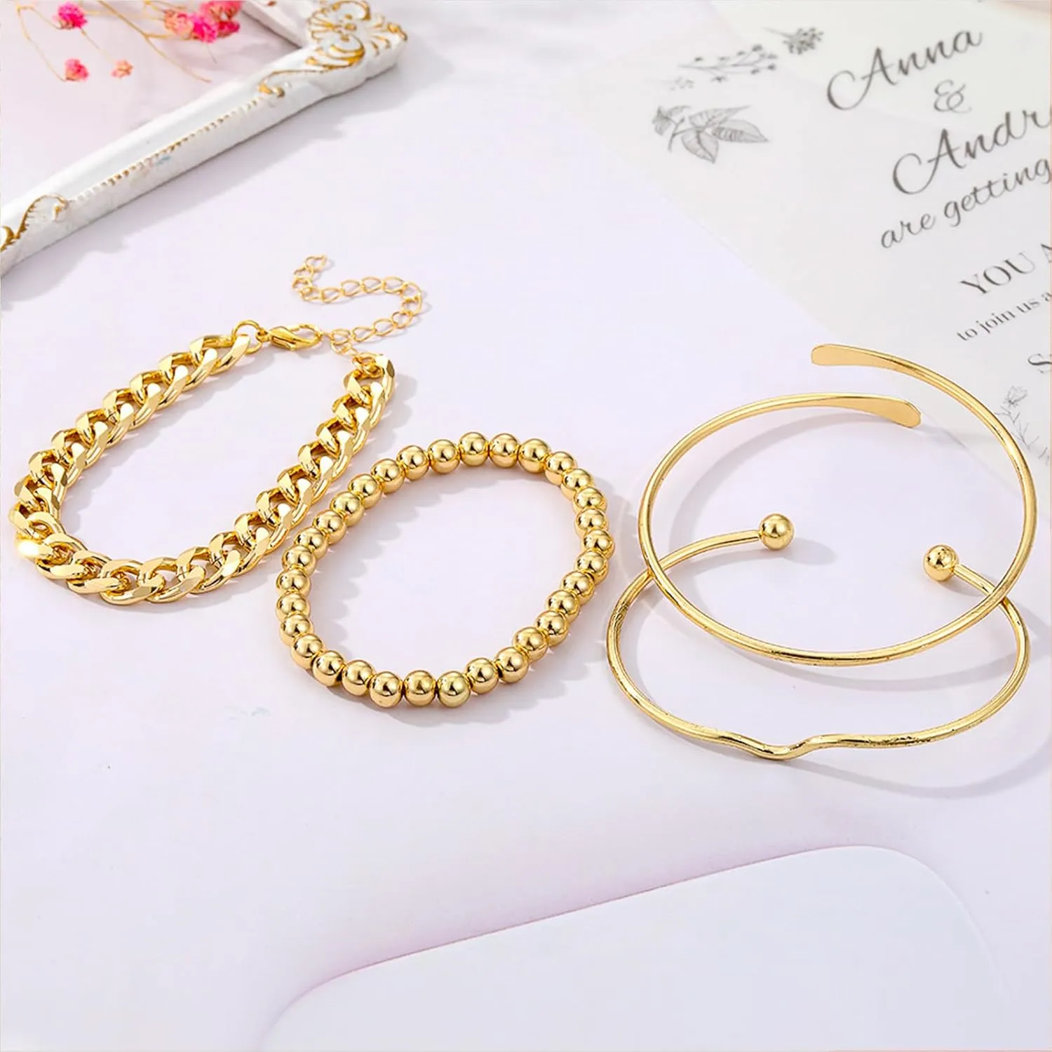 5pcs Chunky Gold Bracelets Stack Chunky Gold Cuff Bangles for Women Non Tarnish Dainty Silver Chain Bracelet Layered Snake Chain Cuban Link Bracelets Pack for Women Trendy 2025