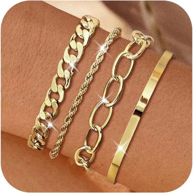 5pcs Chunky Gold Bracelets Stack Chunky Gold Cuff Bangles for Women Non Tarnish Dainty Silver Chain Bracelet Layered Snake Chain Cuban Link Bracelets Pack for Women Trendy 2025