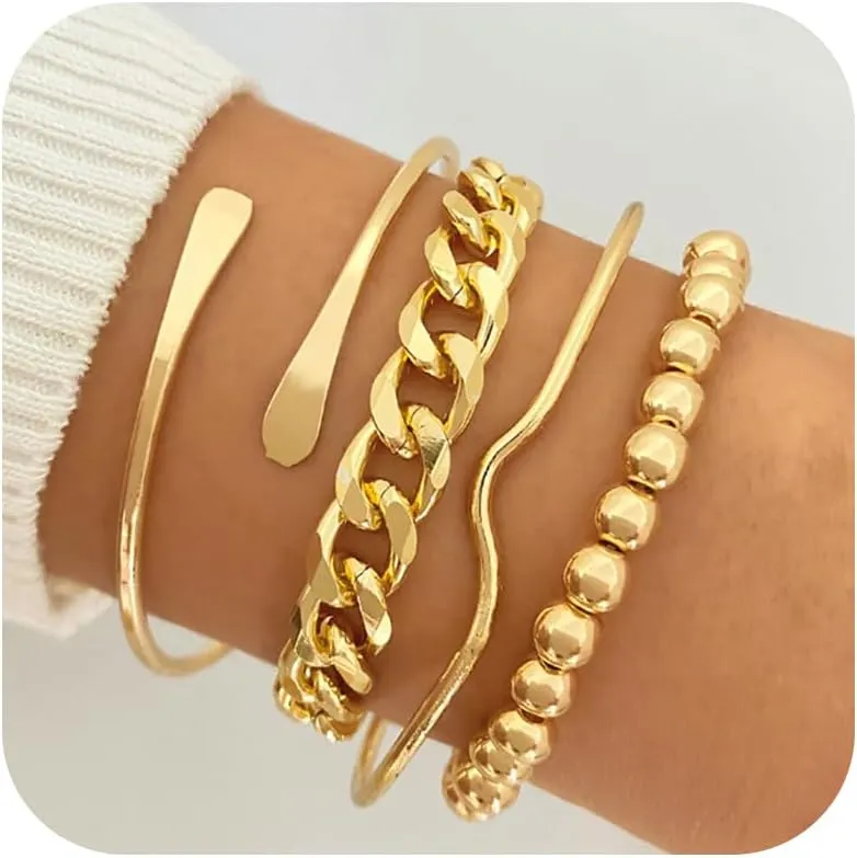 5pcs Chunky Gold Bracelets Stack Chunky Gold Cuff Bangles for Women Non Tarnish Dainty Silver Chain Bracelet Layered Snake Chain Cuban Link Bracelets Pack for Women Trendy 2025