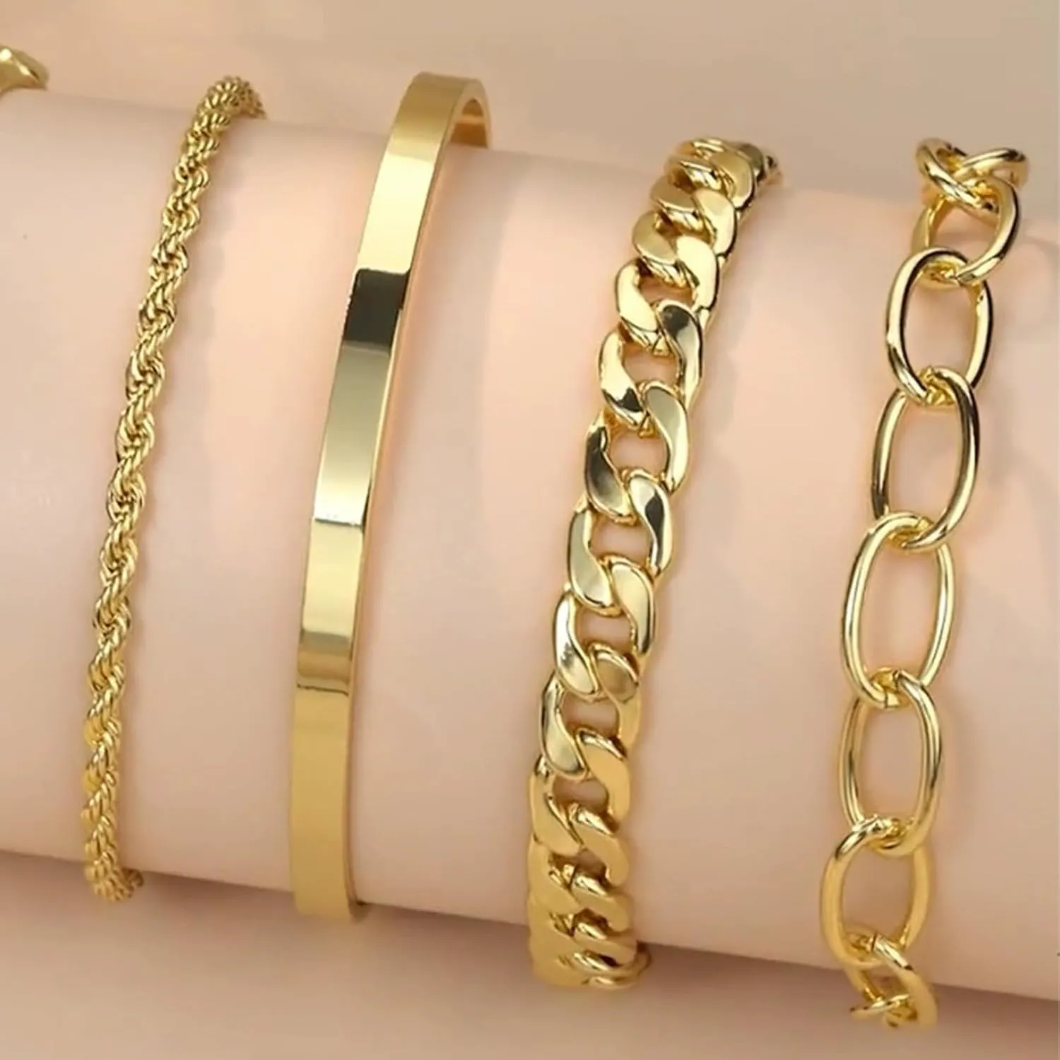 5pcs Chunky Gold Bracelets Stack Chunky Gold Cuff Bangles for Women Non Tarnish Dainty Silver Chain Bracelet Layered Snake Chain Cuban Link Bracelets Pack for Women Trendy 2025
