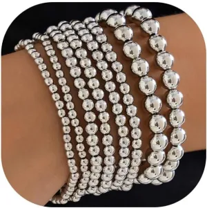 5Pcs Gold Bead Bracelets Set for Women,14K Gold Plated Stackable Bead Ball Bracelets Set,Adjustable Chunky Bangles Bracelets,Boho Stretch Bead Ball Bracelet for Women