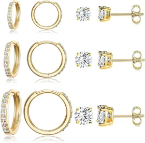 6 Pairs Multipack Earrings Sets For Women Men, 8/10/12mm CZ Small Huggie 14K Gold Plated Hoop Earrings, Tiny 3/4/5mm Round Crystal Studs 18K Black Gold Plated Multiple Ear Piercing Jewelry For Cartilage Hypoallergenic