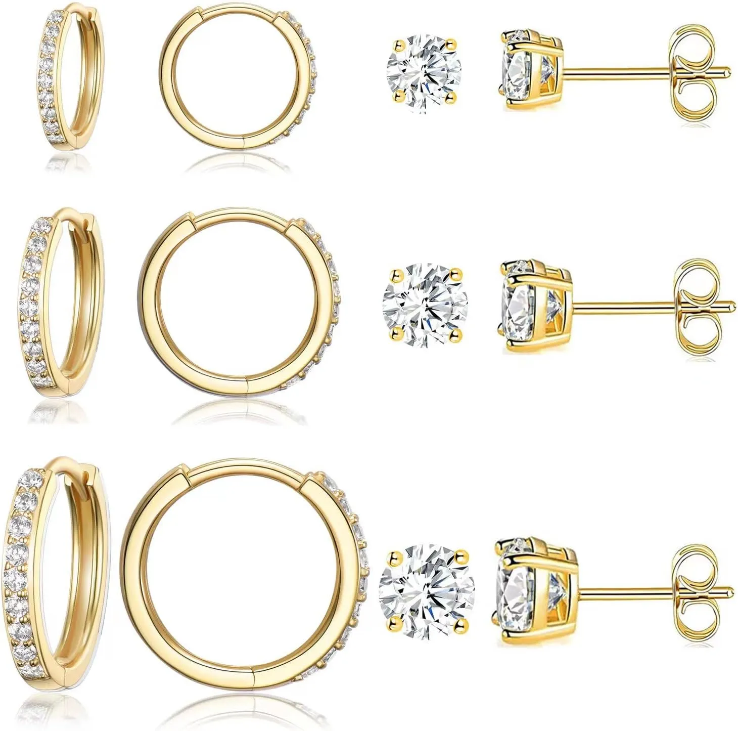 6 Pairs Multipack Earrings Sets For Women Men, 8/10/12mm CZ Small Huggie 14K Gold Plated Hoop Earrings, Tiny 3/4/5mm Round Crystal Studs 18K Black Gold Plated Multiple Ear Piercing Jewelry For Cartilage Hypoallergenic