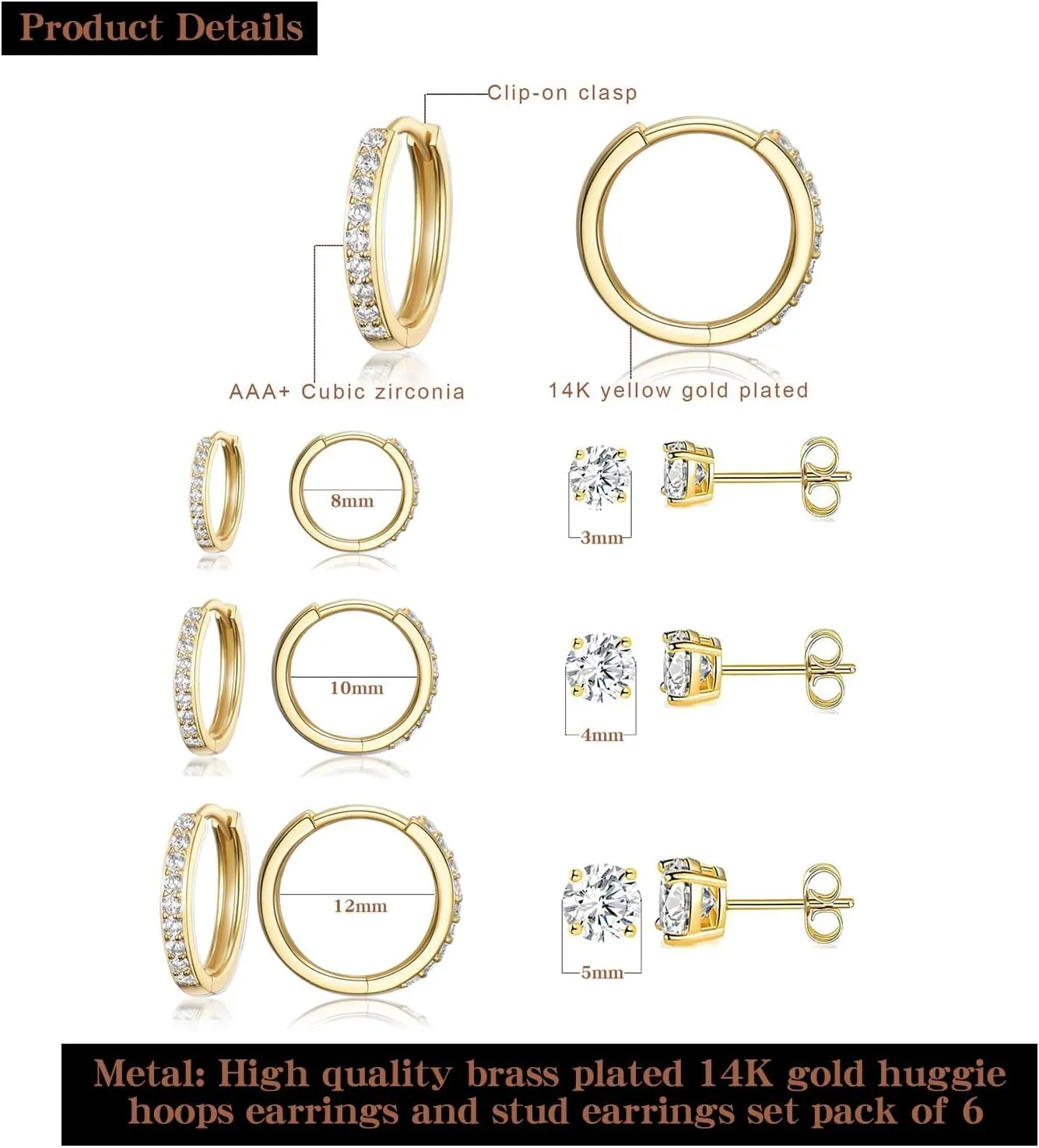 6 Pairs Multipack Earrings Sets For Women Men, 8/10/12mm CZ Small Huggie 14K Gold Plated Hoop Earrings, Tiny 3/4/5mm Round Crystal Studs 18K Black Gold Plated Multiple Ear Piercing Jewelry For Cartilage Hypoallergenic