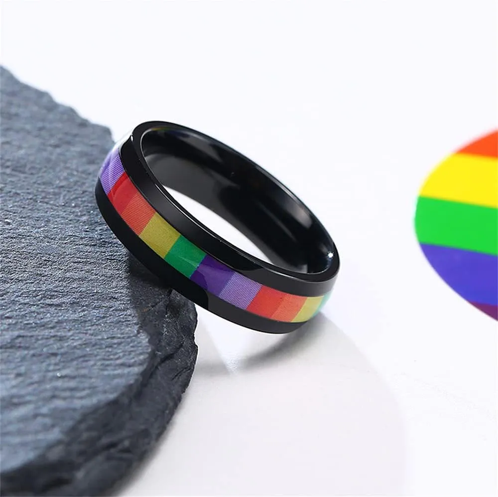 6mm Wide Square Rainbow LGBT Pride Band Rings Chuky Thick Black Enameled Stainless Steel Eternity Promise Statement Engagement Couple Rings Love is Love Finger Knuckle Rings Boyfriend Girlfriend Christmas Valentines Gifts