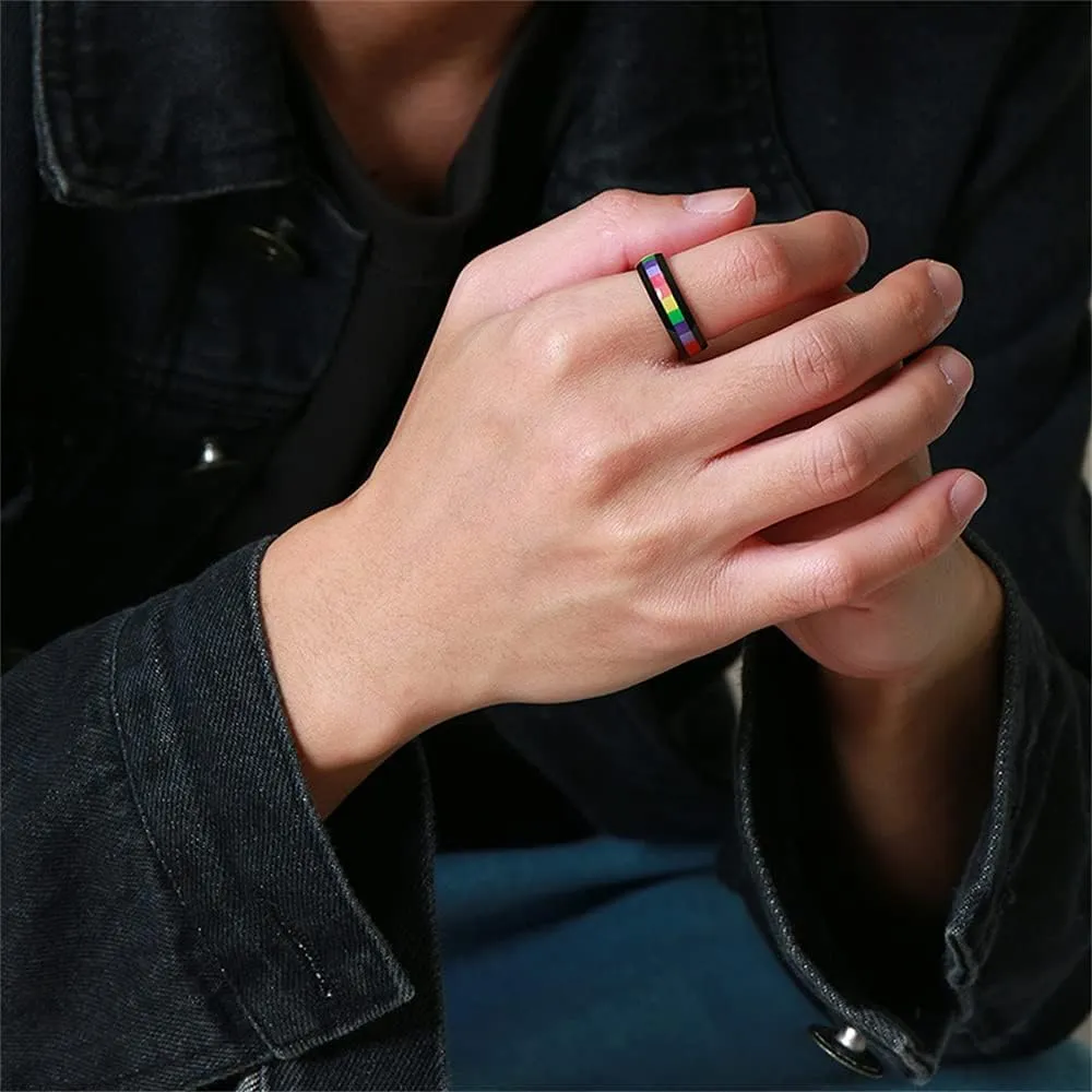 6mm Wide Square Rainbow LGBT Pride Band Rings Chuky Thick Black Enameled Stainless Steel Eternity Promise Statement Engagement Couple Rings Love is Love Finger Knuckle Rings Boyfriend Girlfriend Christmas Valentines Gifts