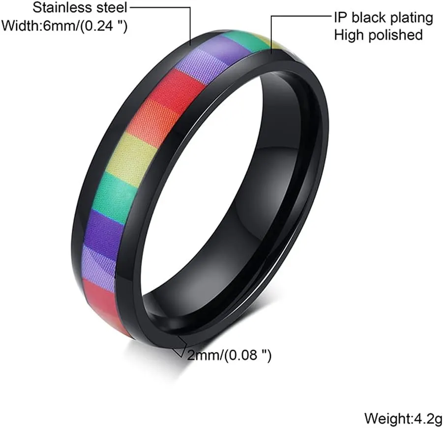 6mm Wide Square Rainbow LGBT Pride Band Rings Chuky Thick Black Enameled Stainless Steel Eternity Promise Statement Engagement Couple Rings Love is Love Finger Knuckle Rings Boyfriend Girlfriend Christmas Valentines Gifts