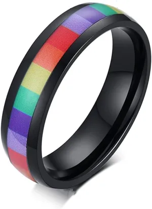 6mm Wide Square Rainbow LGBT Pride Band Rings Chuky Thick Black Enameled Stainless Steel Eternity Promise Statement Engagement Couple Rings Love is Love Finger Knuckle Rings Boyfriend Girlfriend Christmas Valentines Gifts