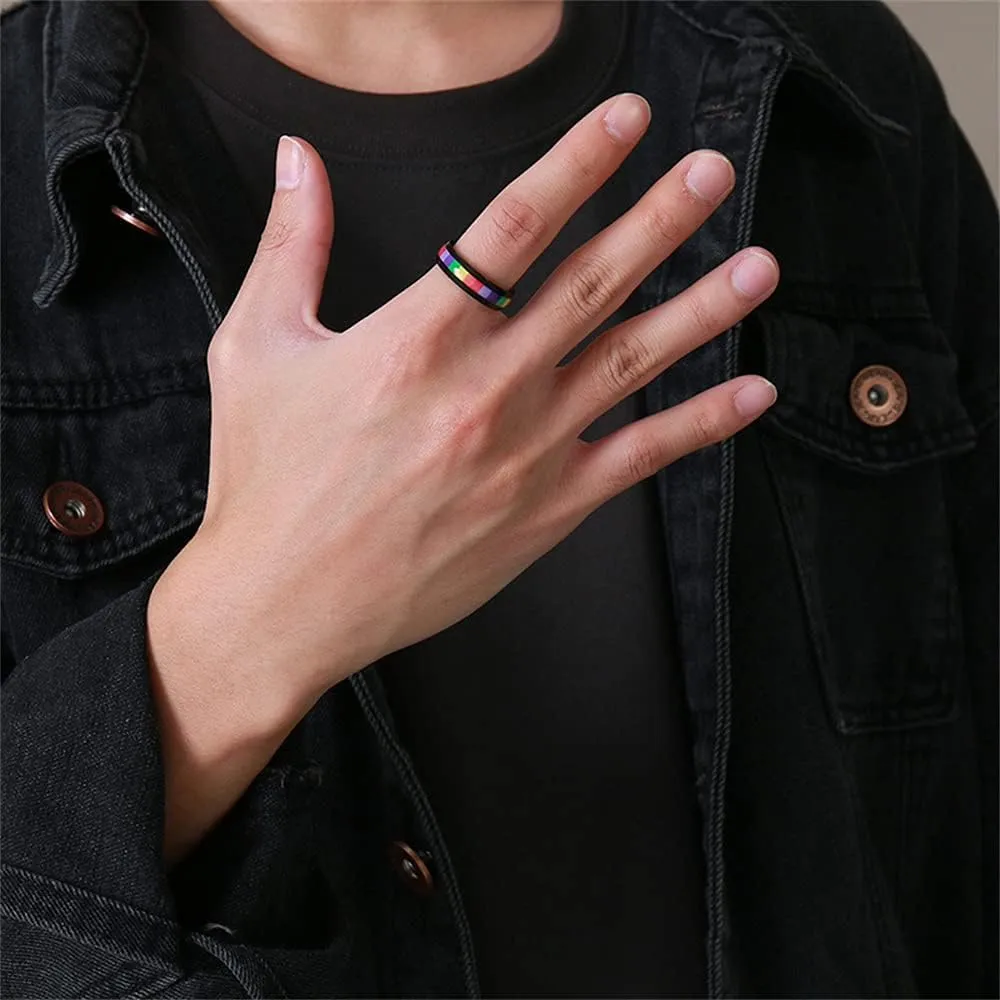 6mm Wide Square Rainbow LGBT Pride Band Rings Chuky Thick Black Enameled Stainless Steel Eternity Promise Statement Engagement Couple Rings Love is Love Finger Knuckle Rings Boyfriend Girlfriend Christmas Valentines Gifts