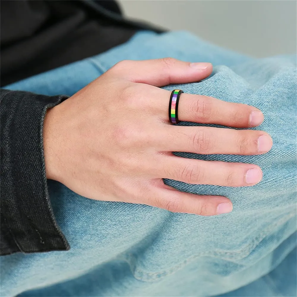 6mm Wide Square Rainbow LGBT Pride Band Rings Chuky Thick Black Enameled Stainless Steel Eternity Promise Statement Engagement Couple Rings Love is Love Finger Knuckle Rings Boyfriend Girlfriend Christmas Valentines Gifts