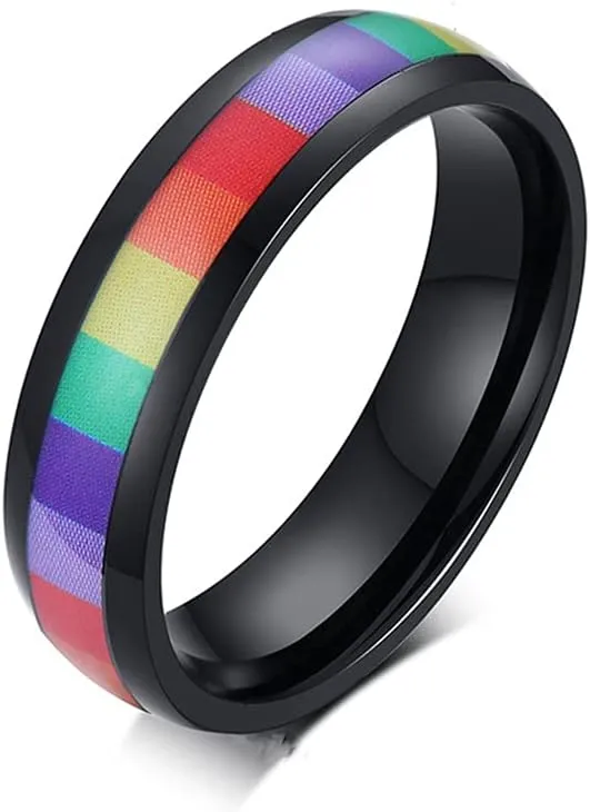 6mm Wide Square Rainbow LGBT Pride Band Rings Chuky Thick Black Enameled Stainless Steel Eternity Promise Statement Engagement Couple Rings Love is Love Finger Knuckle Rings Boyfriend Girlfriend Christmas Valentines Gifts