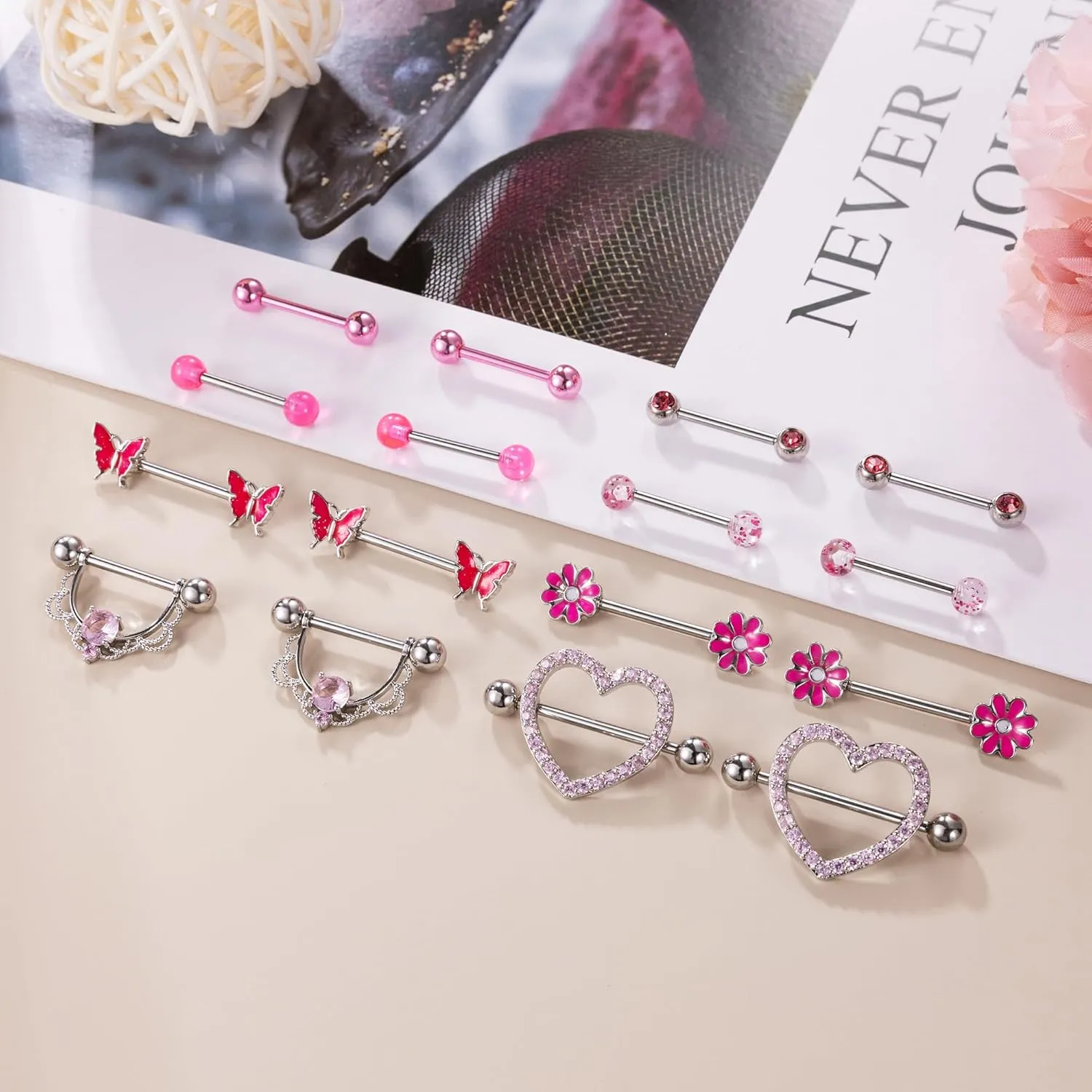 8 Pairs 14G Surgical Steel Nipple Rings for Women - Heart, Butterfly, Flower CZ Barbell Piercing Jewelry