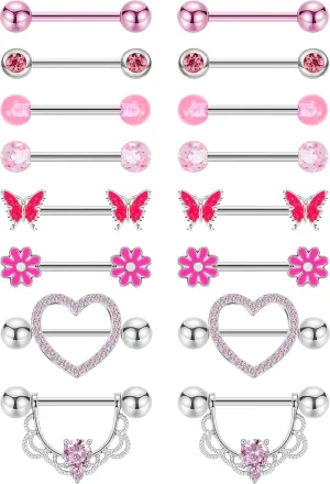 8 Pairs 14G Surgical Steel Nipple Rings for Women - Heart, Butterfly, Flower CZ Barbell Piercing Jewelry