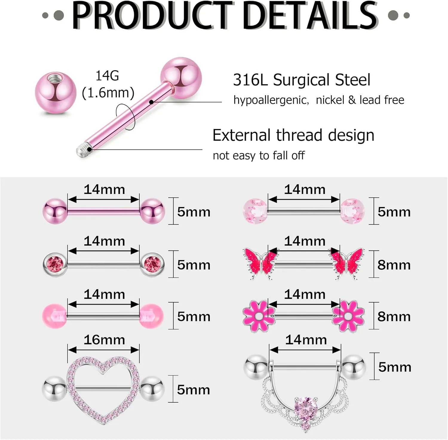 8 Pairs 14G Surgical Steel Nipple Rings for Women - Heart, Butterfly, Flower CZ Barbell Piercing Jewelry