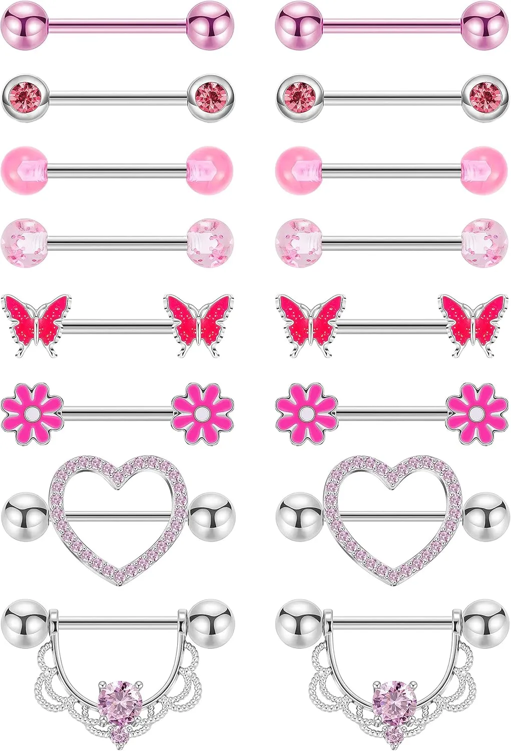 8 Pairs 14G Surgical Steel Nipple Rings for Women - Heart, Butterfly, Flower CZ Barbell Piercing Jewelry