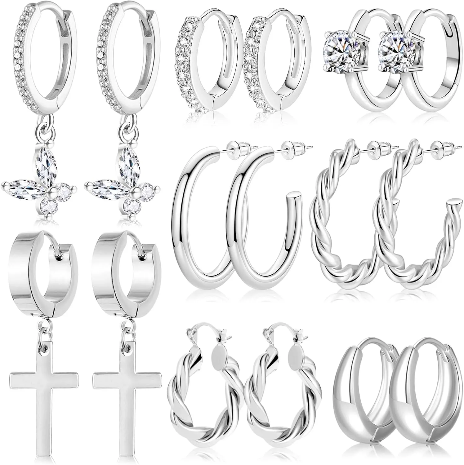 8 Pairs 14K Gold Plated Hoop Earrings Set for Women Men Butterfly Cross Drop Dangle Rope Twisted Huggie Hoops High Polish Finish Thick Open Hoops Multiple Style Lightweight Dainty Trendy Jewelry