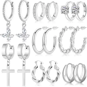 8 Pairs 14K Gold Plated Hoop Earrings Set for Women Men Butterfly Cross Drop Dangle Rope Twisted Huggie Hoops High Polish Finish Thick Open Hoops Multiple Style Lightweight Dainty Trendy Jewelry