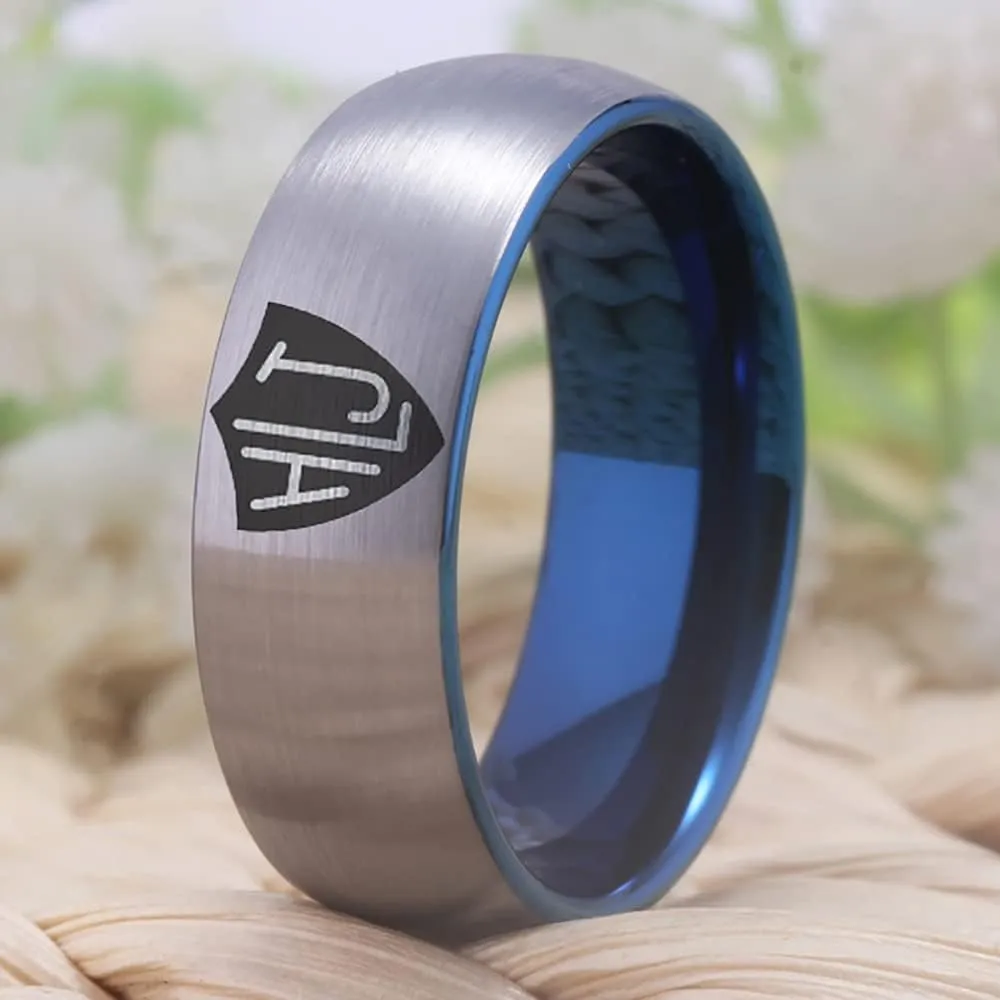 8mm Width CTR Ring Spanish HLJ Ring - Black Pipe or Silver Tone Brushed Dome and Blue Inside Free Customized Service