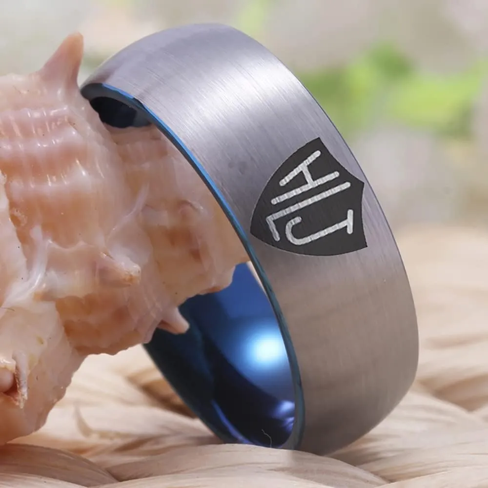8mm Width CTR Ring Spanish HLJ Ring - Black Pipe or Silver Tone Brushed Dome and Blue Inside Free Customized Service