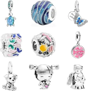 9 Pack Silver Spacer Beads Charms fit Pandora Bracelet DIY Jewelry String Set for Women