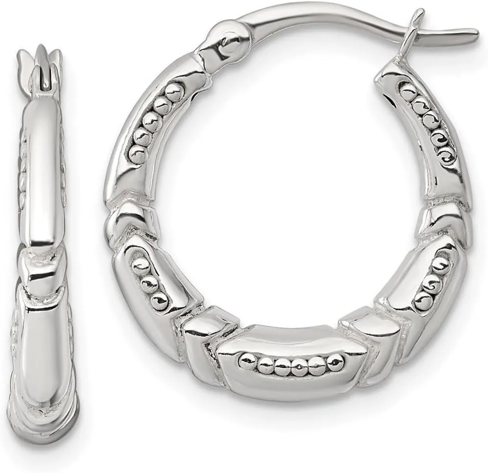 925 Sterling Silver Polished Beaded and Grooved Round Hoop Earrings 20.45x18.5mm Wide 4mm Thick-Hoop Earring for Women
