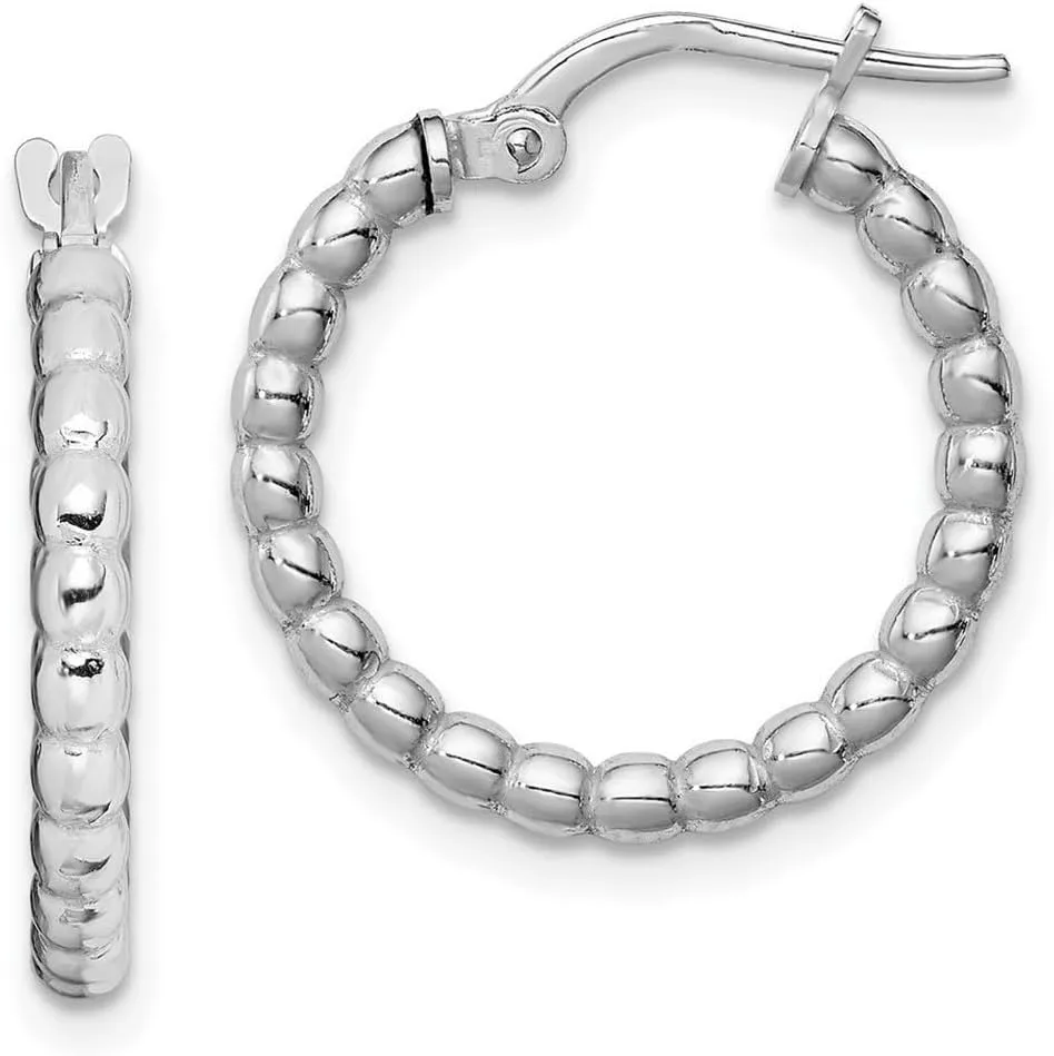 925 Sterling Silver Polished Rhodium Plated Beaded Hinged Hoop Earrings 21x21mm Wide 3mm Thick-Hoop Earring for Women