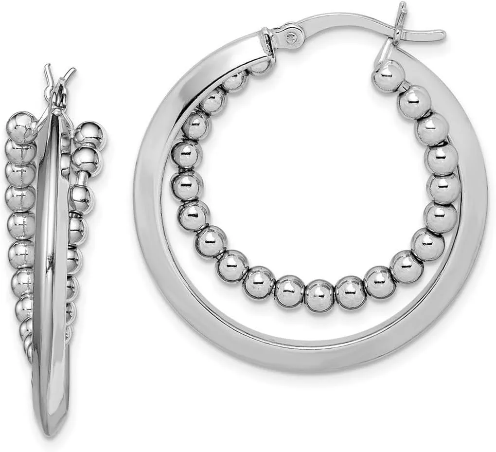 925 Sterling Silver Polished Rhodium Plated Intertwining Beaded Hoop Earrings 30x30mm Wide 6mm Thick-Hoop Earring for Women
