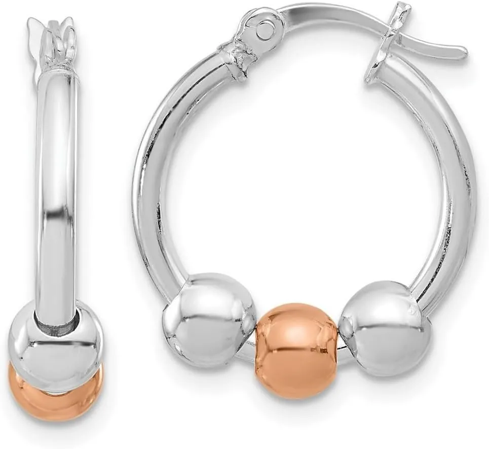925 Sterling Silver Rhodium Plated and Rose tone Beaded Hoop Earrings 20.4x17.6mm Wide 5mm Thick-Hoop Earring for Women