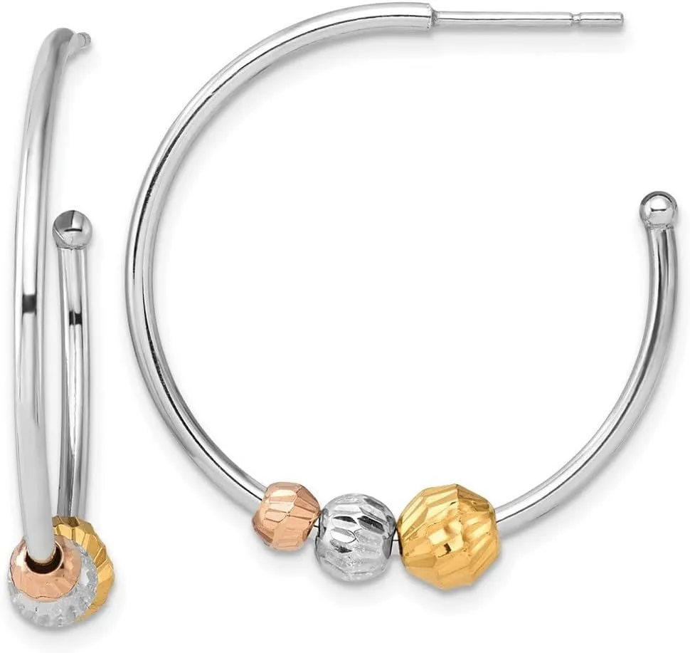 925 Sterling Silver Rhodium Plated Rose Gold tone Sparkle Cut Beaded Post Hoop Earrings 30.2x31mm Wide 1.5mm Thick-Hoop Earring for Women