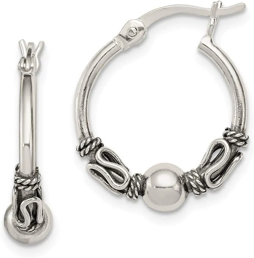 925 Sterling Silver Vintage Antiqued Beaded Hoop Earrings - 17mm x 4mm