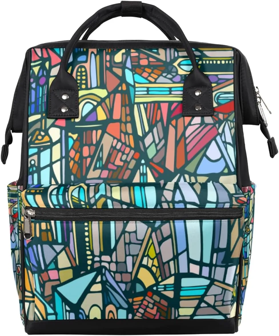 Abstract Gothic City Stained Glass Texture Diaper Bag Tote Large Capacity Waterproof with Adjustable Shoulder Strap and Pram Straps Mommy Bag for Hospital Beach Weekender Travel