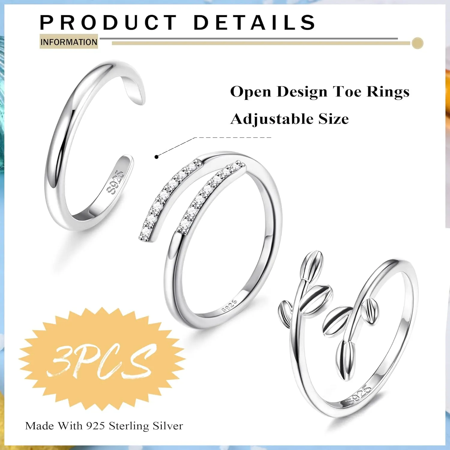ADRAMATA 3Pcs 925 Sterling Silver Toe Rings for Women Moonstone Mood Rings Set Color Change Adjustable African Toe Rings Finger Nail Rings Summer Beach Barefoot Jewelry