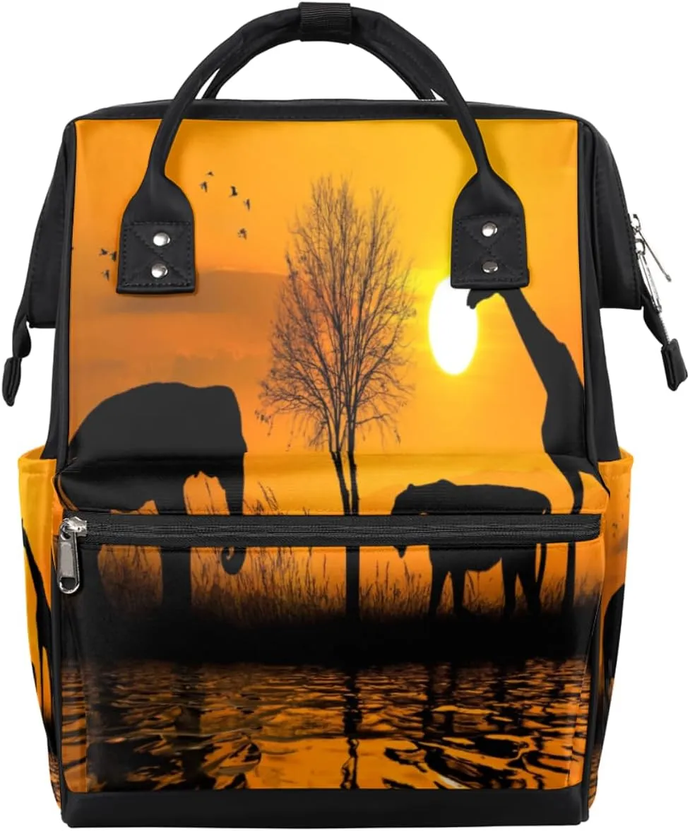 African Safari Animals Silhouette Diaper Bag Tote Large Capacity Waterproof with Adjustable Shoulder Strap and Pram Straps Mommy Bag for Hospital Beach Weekender Travel